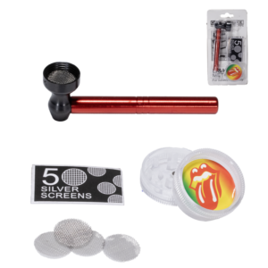 SET PIPA METAL ROJO/CABEZAL NEGRO 80MM + GRINDER PLÁSTICO DISEÑOS VARIADOS (SEGÚN DISPONIBILIDAD)